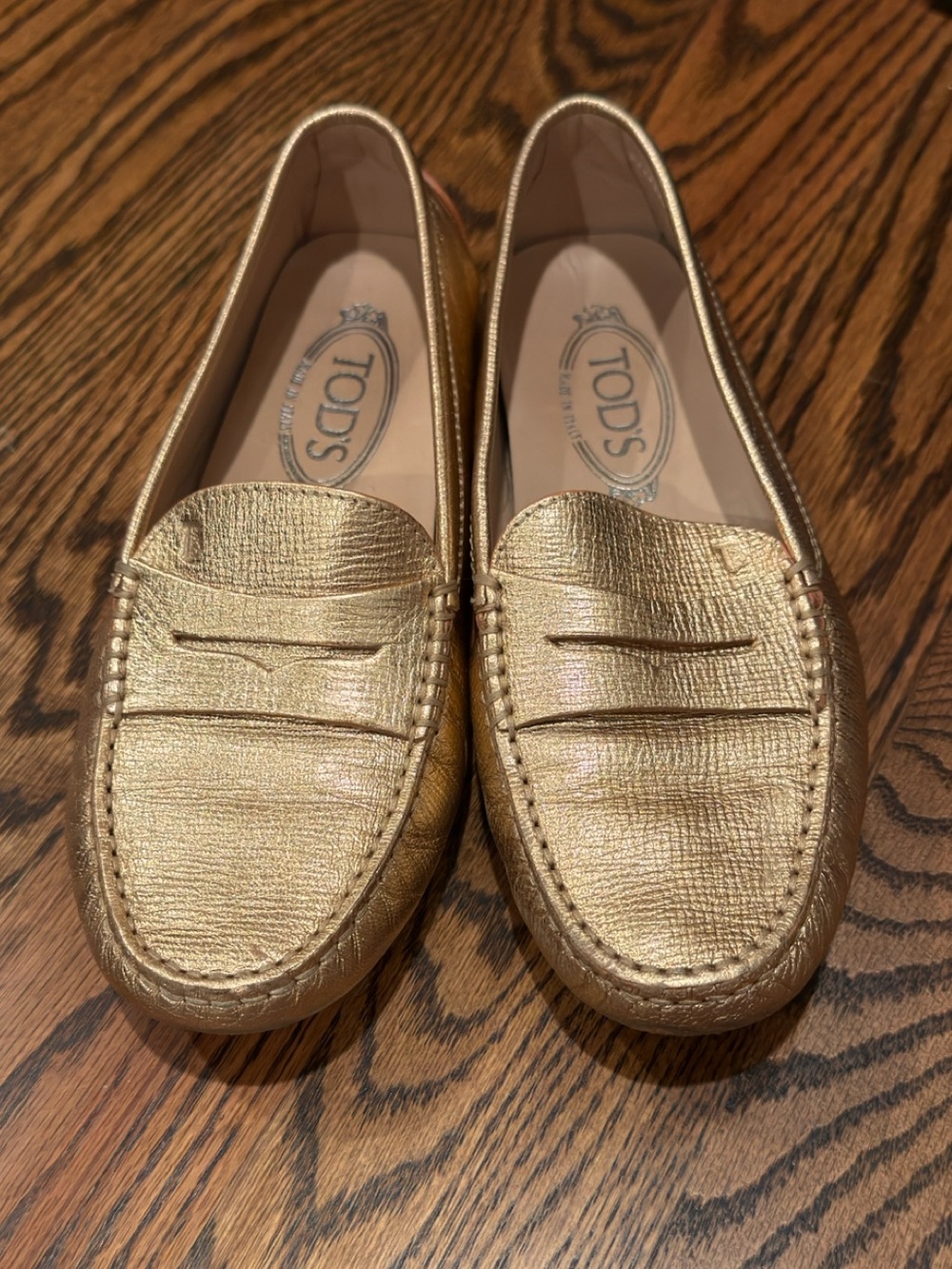 TOD'S Gommino Metallic Gold/Rose Gold Leather Driving Shoes Loafers Size 37